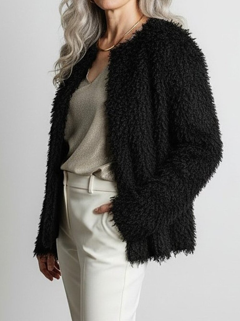 Colleen Lopez | Black Shaggy Fringe Jacket | Size Small